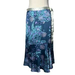 Y2K NY & Co Blue Floral Paisley 100% Silk Ribbon Waist Fairycore Midi Skirt